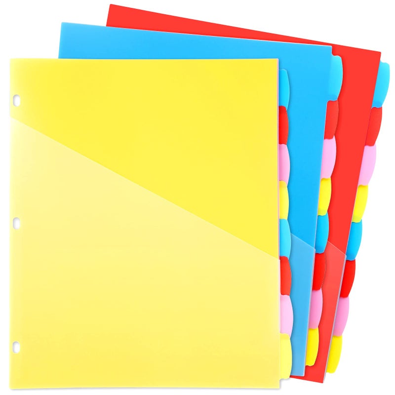 WOT I Plastic 8-tab Dividers with 2 Clear Pockets - 3 Sets, Binder Dividers for 3 Ring Binder, Bright Multicolor, Total 24 Tabs - Image 1